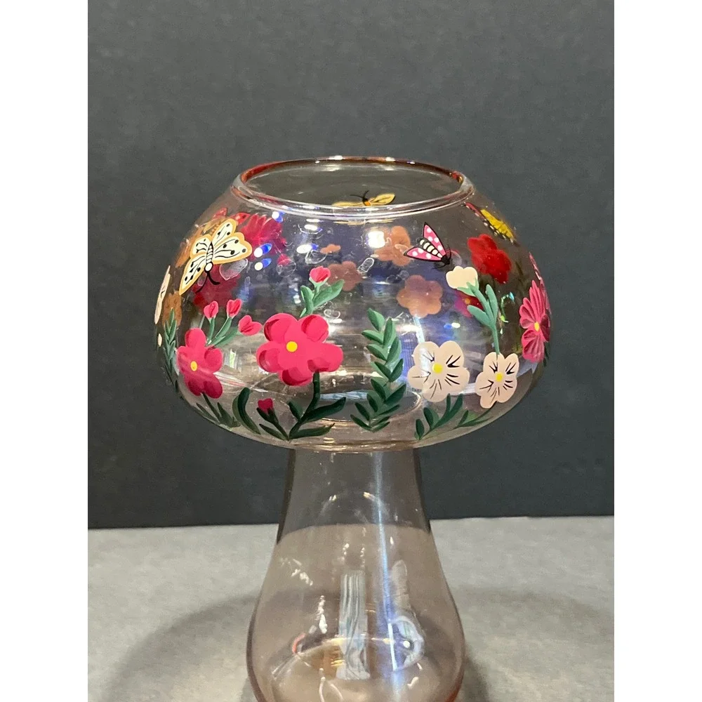 Hand Painted Glass Mushroom Vase Smoky Pink Floral Butterfly Cottagecore 7 Inch